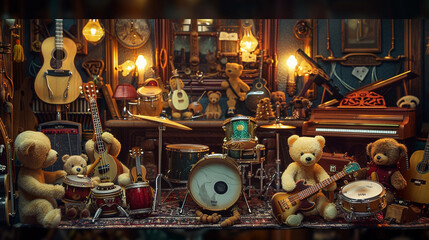 collection of teddy bear-sized musical instruments including guitars drums and pianos inviting furry friends to unleash their inner rock star or maestro and create beautiful melodies together.