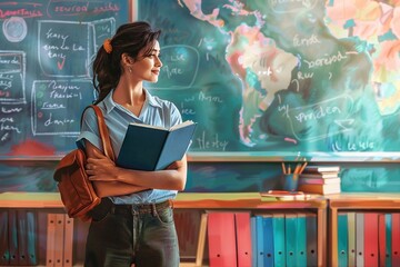 Young female student with backpack and book standing near blackboard in classroom. Education concept.