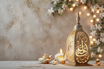 Ramadan Kareem celebration concept with elegant Arabic calligraphy on a neutral backdrop