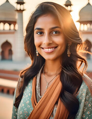 Graceful Elegance: Dark-Haired Girl Amidst the Majesty of the Taj Mahal - obrazy, fototapety, plakaty