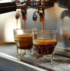The barista poured rich dark espresso into two glasses from the machine, Generated by AI - obrazy, fototapety, plakaty