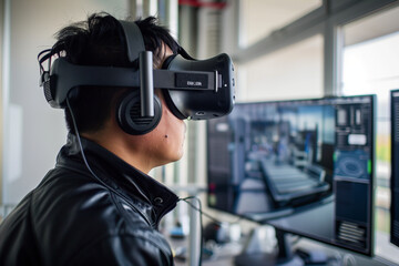 Engineer with VR headset simulating a virtual engineering environment
