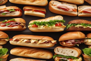 'assorted delicious baguette sandwiches food fresh cold gold diet meat nourishment snack lettuce sliced crispy ham sandwich prepared serving baking bread crusty basil herb salami catering wooden copy'