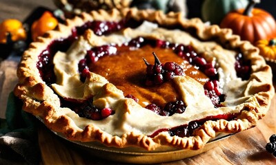 Thanksgiving dinner. Roasted turkey garnished with cranberries on a rustic style table decoraded with pumpkins, vegetables, pie, flowers and candles