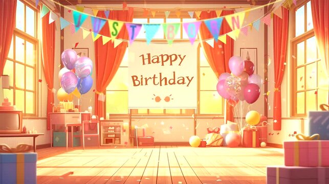 An Empty birthday Party Room, ready for celebration. Anime or digital painting style, looping 4k video animation background