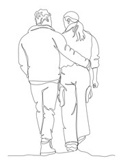 Couple talking and walking away. Hugging. Rear view. Continuous line drawing. Black and white vector illustration in line art style.