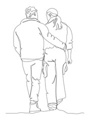 Couple talking and walking away. Hugging. Rear view. Continuous line drawing. Black and white vector illustration in line art style.