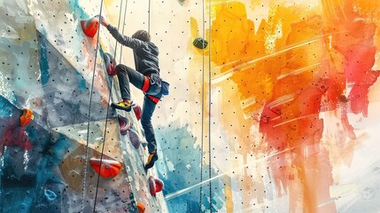 A man rock climbing on an indoor climbing wall.