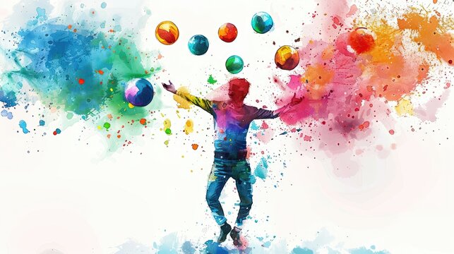A man juggling balls of paint in watercolor style.