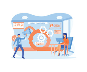 Scrum framework, Software development methodology Process diagram. Labeled agile software development scheme concept, Task sprint teamwork explanation. flat vector modern illustration