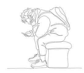 Young man with backpack sitting on bench and using phone. Side view. Continuous line drawing. Black and white vector illustration in line art style.