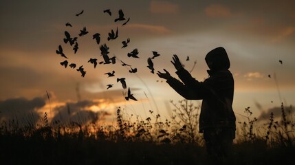 The silhouette of an individual at dusk, birds taking flight from their hands, a powerful metaphor for letting go and finding peace in nature's embrace.