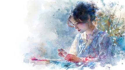 A watercolor painting of a young woman sewing a blue dress. - obrazy, fototapety, plakaty