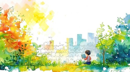 A boy sits in a field of grass and flowers, reading a book.  The sun is shining brightly.  The sky is blue with a few white clouds.  There are trees and flowers all around.  The boy is wearing a blue