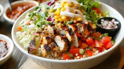 Chicken salad and sauces piled in a rice bowl
