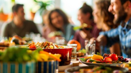 A group of friends laughing and sharing a potluck dinner, with a blurred background of a festive tab