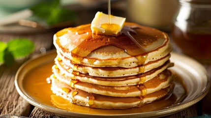 A golden stack of fluffy pancakes, drizzled with maple syrup and topped with a pat of melting butter