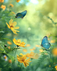 Flowers garden with yellow blossom Cosmos flowers and blue butterflies in morning light, summer flower theme, spring time theme.