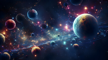 Artists rendering of group of planets in outer space