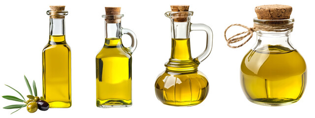 Set of virgin olive oil on the jars or bottle, isolated on transparent  background