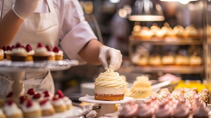 A pastry chef delicately piping frosting onto a cake, with a blurred background of a bustling bakery