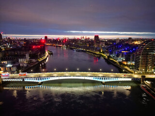 Aerial Night View of Central Wandsworth London City of England England at River Thames, UK. April 24th, 2024