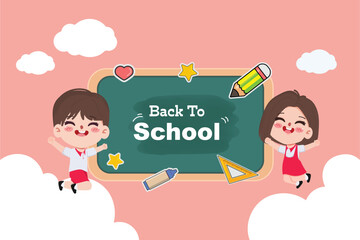 Cute cartoon student back to school with stationery concept background.