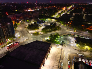 Aerial Night View of Central Wandsworth London City of England England at River Thames, UK. April...