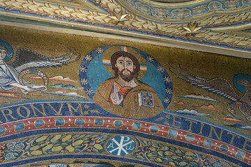 Christ Pantocrator. Mosaic on the triumphal arch in the Apse in the Basilica of Saint Clement....
