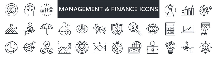 Finance icon set. With Concepts like Profit, Losses, Stock, Tax, Exchange, Budget, Funds, Earnings, Money and Revenue icons. Blue Colored Outline Icons Collection.