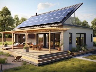 Modern Home Harnesses Solar Energy in a Serene Countryside Setting - obrazy, fototapety, plakaty