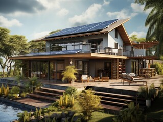 Fototapeta premium Modern Home with Solar Panels at Sunset in a Tropical Locale