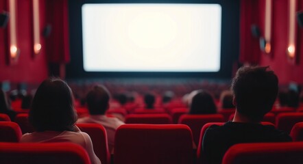 Cinema blank wide screen and people in red chairs in the cinema hall.