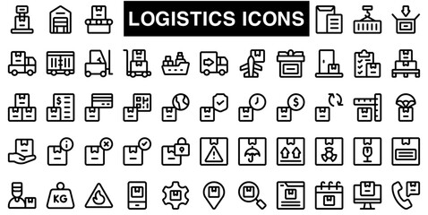 Set of line icons related to supply chain, value chain, logistic, delivery, manufacturing, commerce. Outline icon collection. Vector illustration. Editable stroke