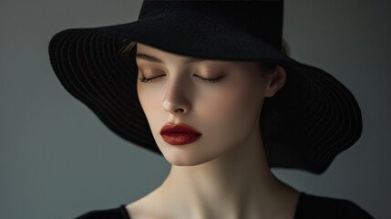 A serene portrait of a model lost in thought, the black hat framing her face like a halo, the simplicity of the setup allowing her natural beauty and refined makeup to take center stage.