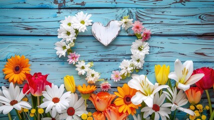 Celebrate International Thank You Day or Mother s Day with a charming greeting card featuring vibrant spring flowers and an elegant white heart design set against a beautiful blue wooden ba