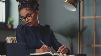 businesswoman with glasses sitting at desk and writing