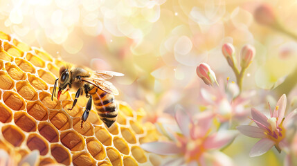 A bee at work on a golden honeycomb, among flowers.