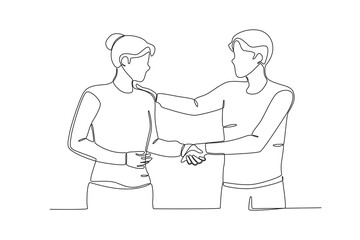 Single continuous line drawing of Neighbors shaking hands to say thank you. Having small talk, concept one line draw graphic design vector illustration.
