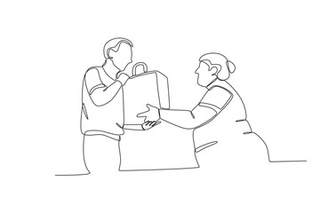 Single continuous line drawing of Neighbors sharing food. Having small talk, concept one line draw graphic design vector illustration.
