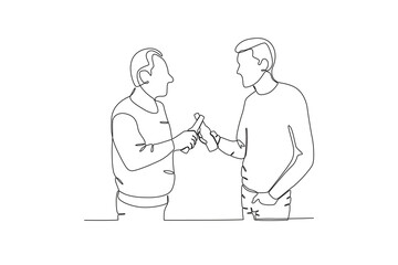 Single continuous line drawing of Neighbors sharing drinks. Having small talk, concept one line draw graphic design vector illustration.

