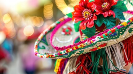 Colorido sombrero mexicano decorado con flores vibrantes - obrazy, fototapety, plakaty