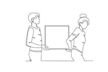 Single continuous line drawing of Neighbors who help lift things. Having small talk, concept one line draw graphic design vector illustration.
