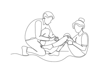 Single continuous line drawing of Neighbors who help when someone falls. Having small talk, concept one line draw graphic design vector illustration.

