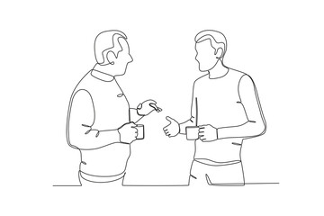 Single continuous line drawing of Neighbors who help when someone falls. Having small talk, concept one line draw graphic design vector illustration.
