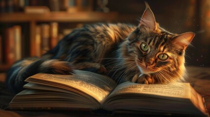 curious cat sitting on open book pages