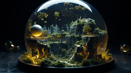 Fantasy world in a snow globe with illuminated architecture and floating lands