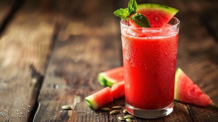 glass of watermelon juice, garnished with a fresh mint sprig