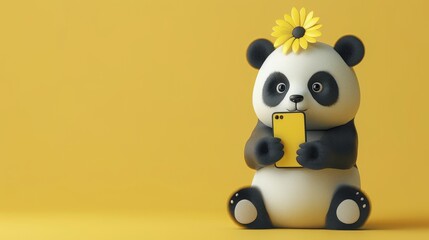 A cute cartoon panda with a yellow daisy holding a smartphone on yellow background
