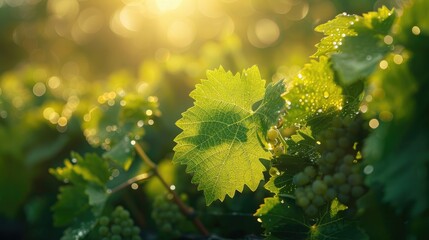 Obraz premium Green grape leaves in sunlight at a close range